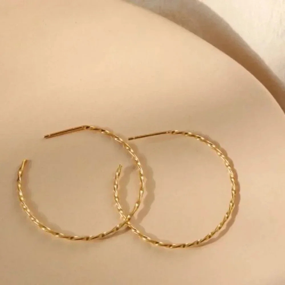 925 Sterling Silver Dainty Thin Textured Twist Hoop Earrings Gold